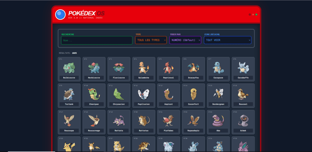 Page d'accueil du Pokédex